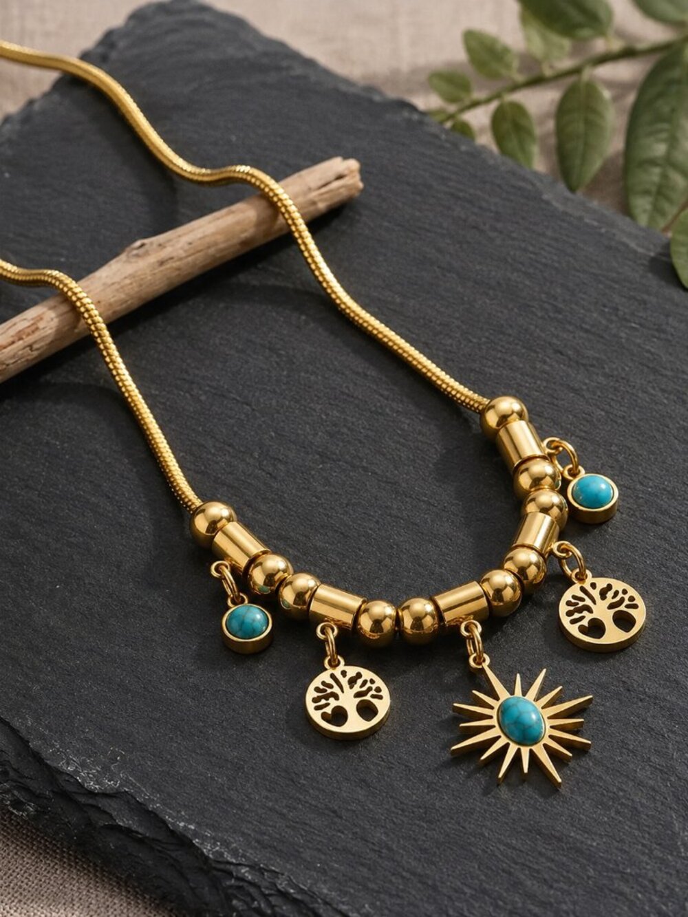 18k Gold Plated SS Tree of Life Sun Charm Turquoise Bead Necklace 15.5"